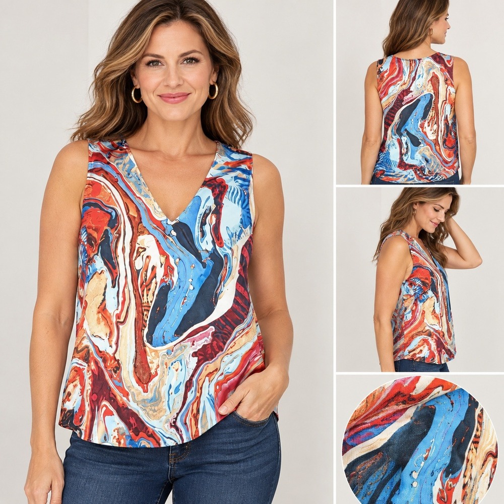 Skies Are Blue Curvy 2X Marble Abstract V-Neck Sleeveless Top Blue Stretch Artsy
